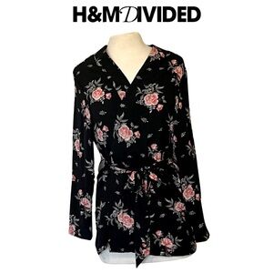 Divided by H & M Kimono/cardigan lightweight black & pink floral wrap with belt